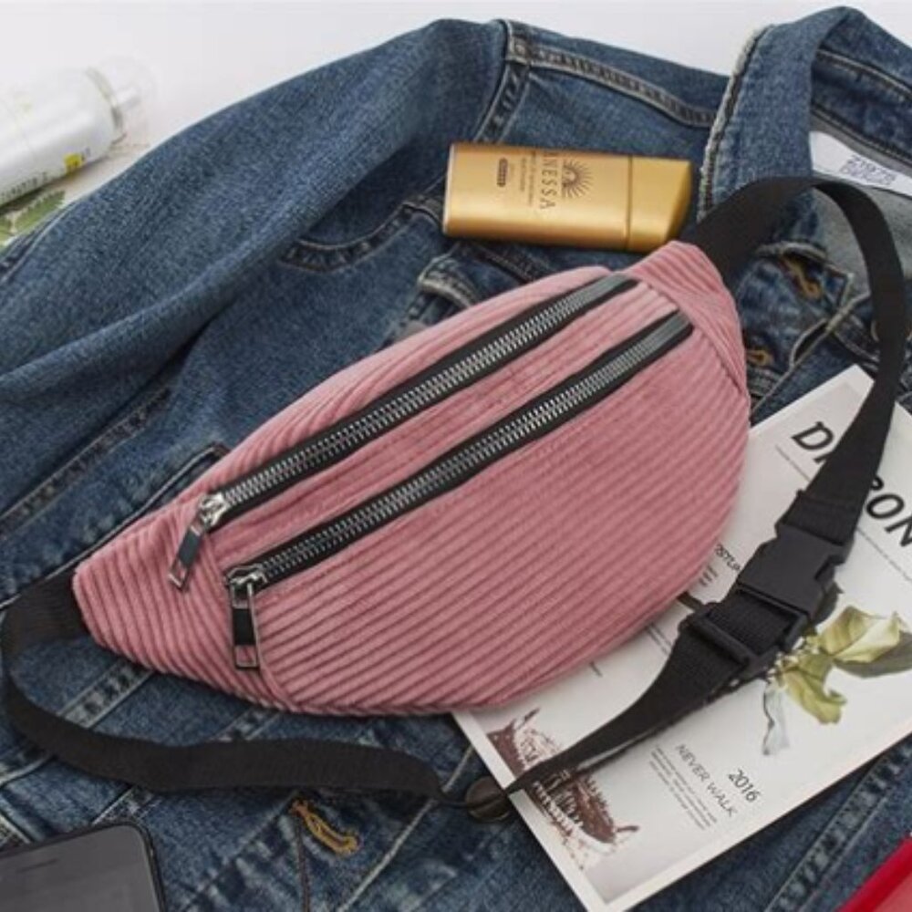 🪷Women's Pink Double Zip Front Pockets Corduroy Adjustable Strap Fanny Pack
